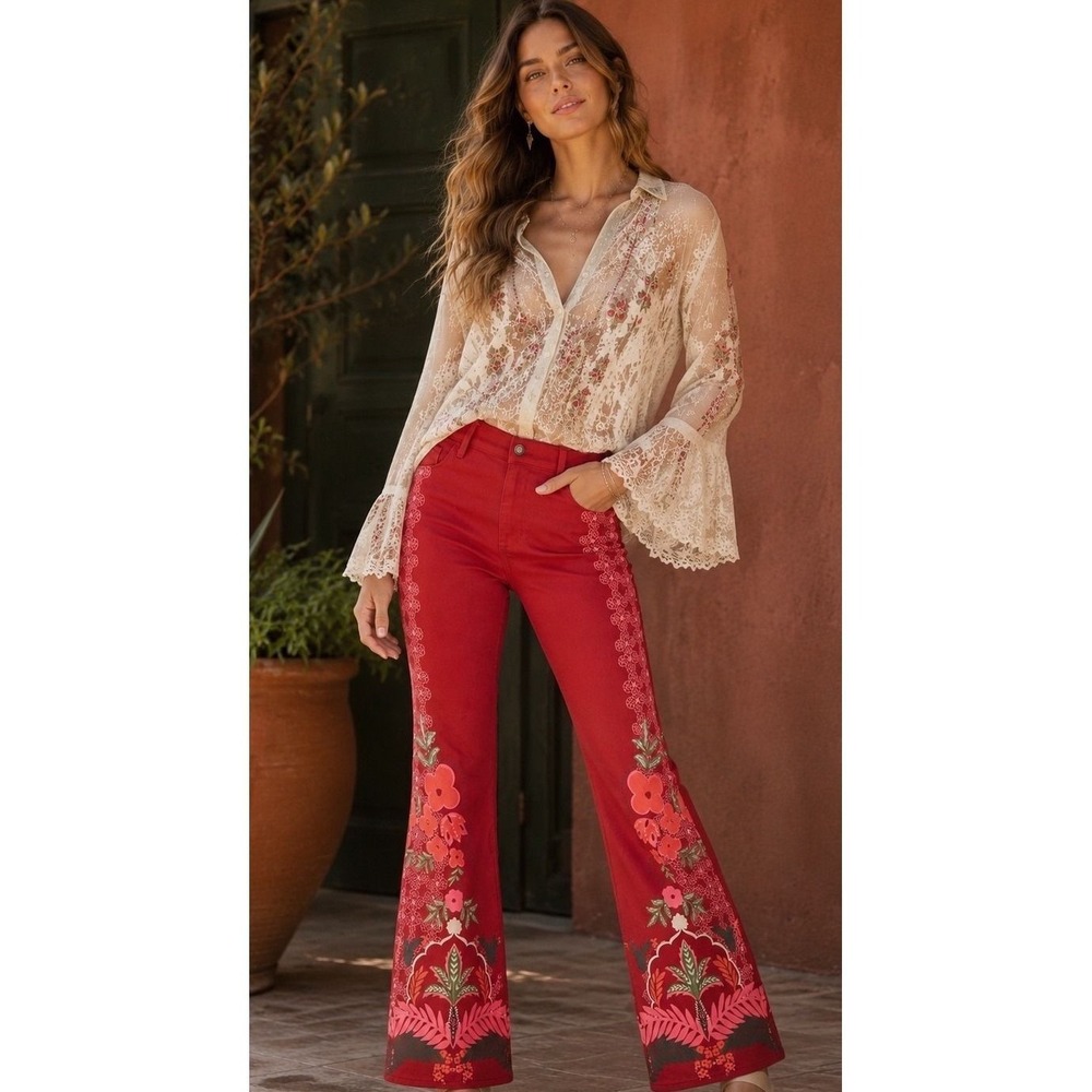 Johnny Was Jade Caleta Straight Flare Jeans Red Floral Print NWT Size 27 - Picture 1 of 6